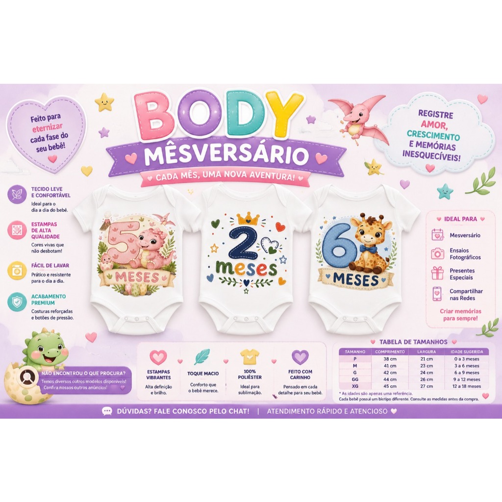 Body Mesversário Personalizado Bebê Menina Menino Sublimado Mês a Mês