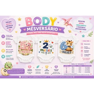 Body Mesversário Personalizado Bebê Menina Menino Sublimado Mês a Mês