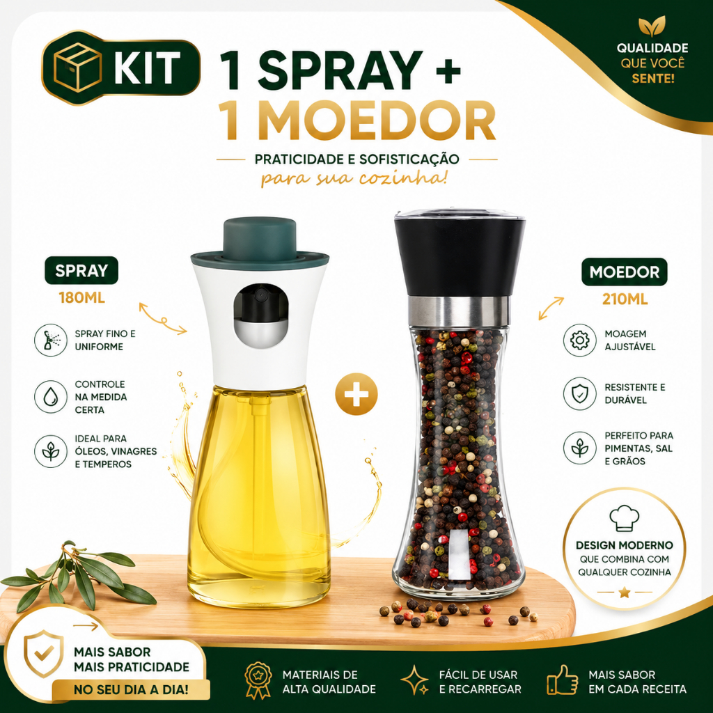 Spray Pulverizador Azeite Óleo 170ml + Moedor de Pimenta Temperos 210ml Cozinha Gourmet Premium