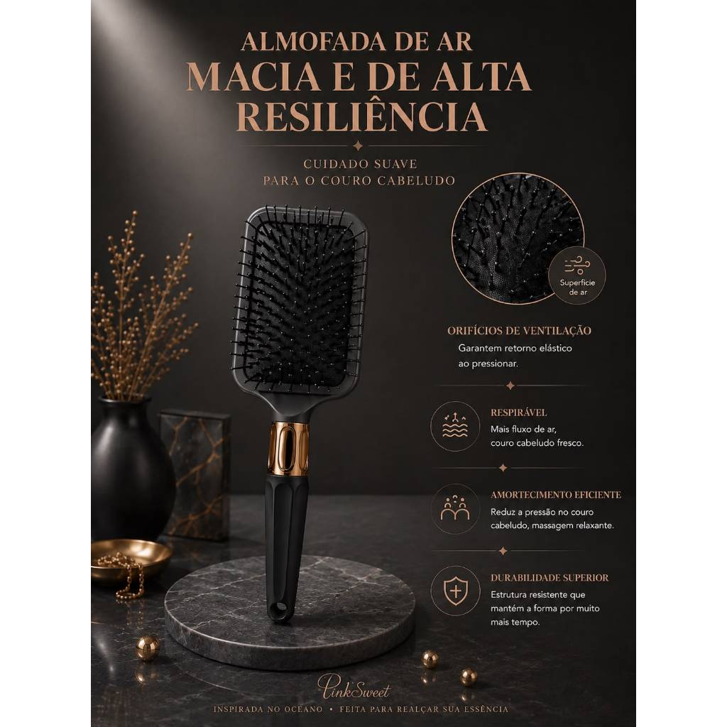 Escova de Cabelo Profissional Cerdas Silicone Almofadada Preta Detalhe Dourado ModelosOval ouRaquete — imagem 2 de 2