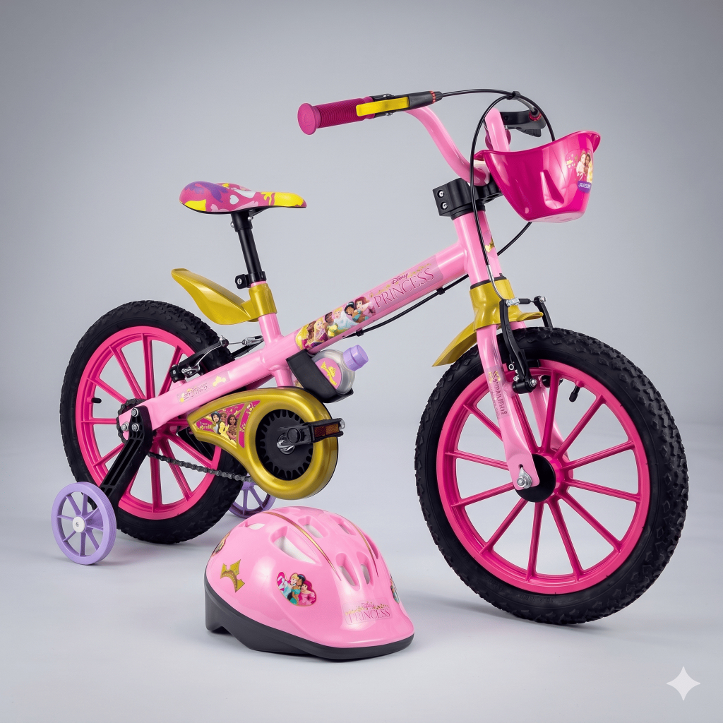 Kit Bicicleta Infantil Princesas Aro 16 30kg Rodinhas Com Capacete