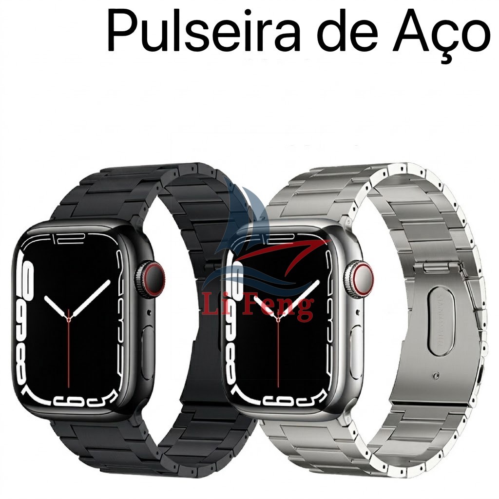 Pulseira de Aço Inox para Apple Watch IWO (38 a 49mm)– 3 Elos Clássica + Película Grátis