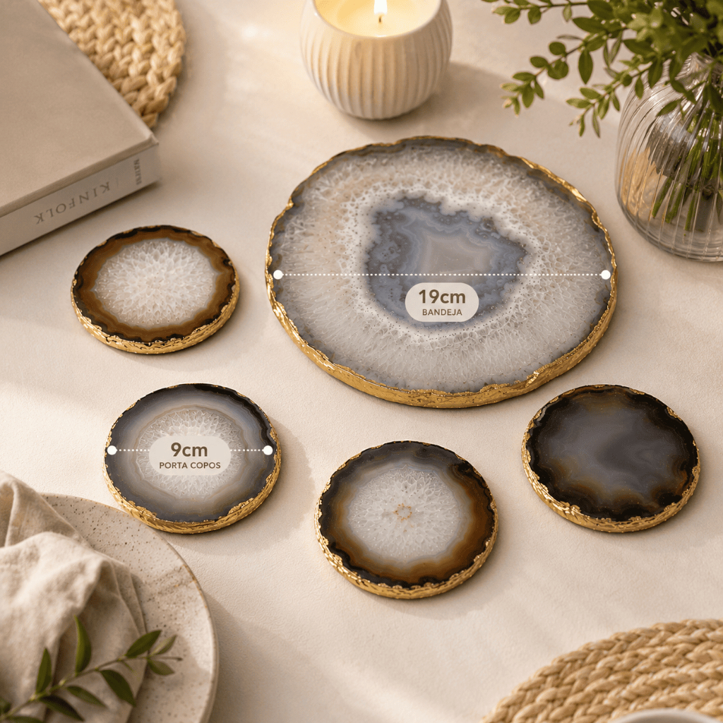 Kit Bandeja de Ágata Natural 19cm + 6 Porta Copos 9cm com Bordas Douradas Decorativo Luxo