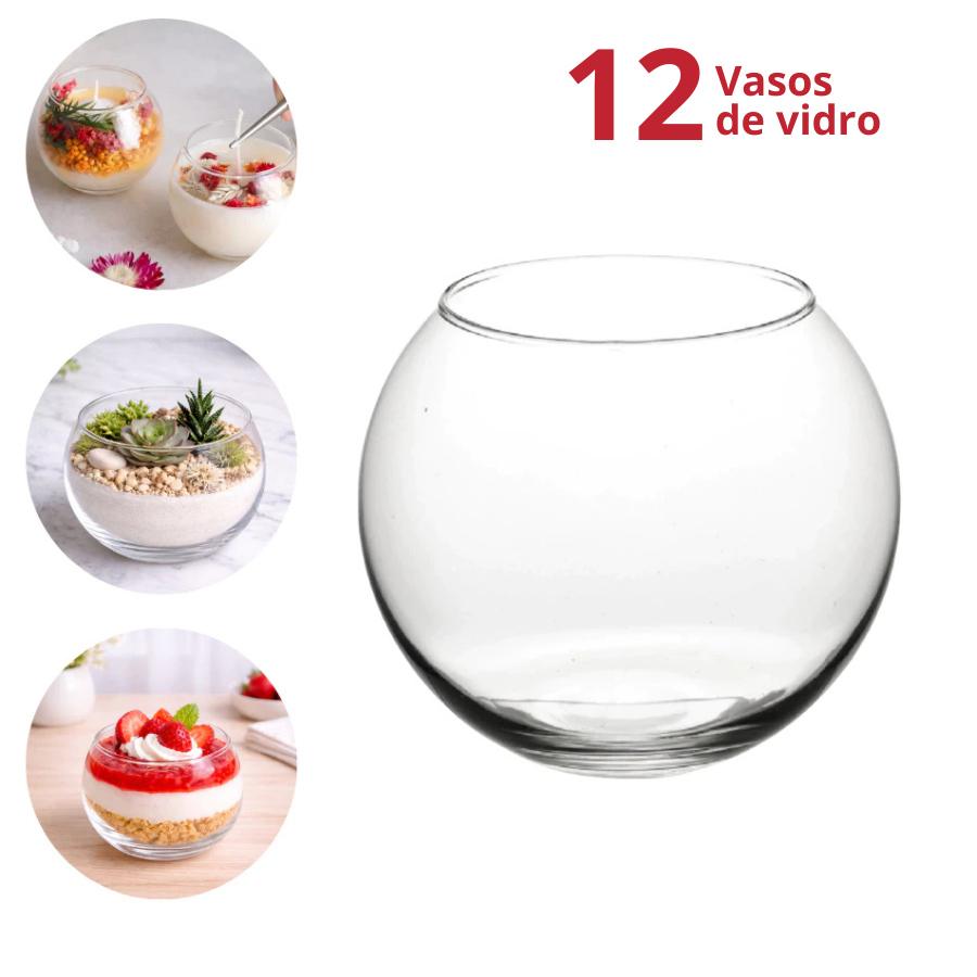 KIt 12 MIni Vaso de Vidro 300ml Castiçal Aquário Redondo Decoração Vasinho Mesa Plantinha