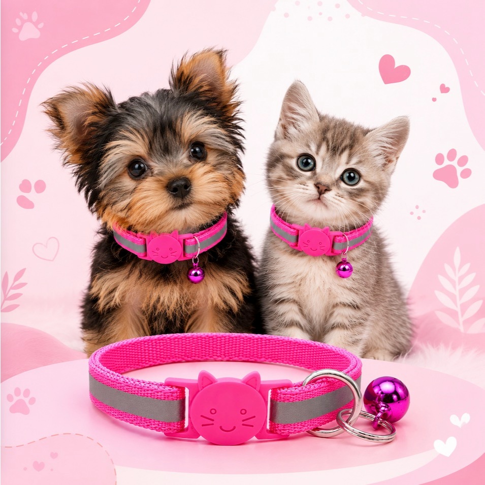 Coleira Para Gatos e Cachorros Cães Refletiva Animais com Sino Cão Cor Pink — imagem 2 de 2