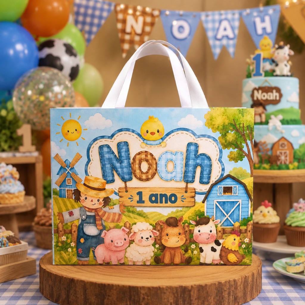 Sacolinha Personalizada Fazendinha Azul Pegue e Monte | Lembrancinha Festa Infantil Fazenda Animais Personalizada