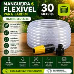 Mangueira Jardim 30 metros Transparente Flexível Cristal 3/8 Quintal com Engate e Esguicho Alta Pressão Resistente