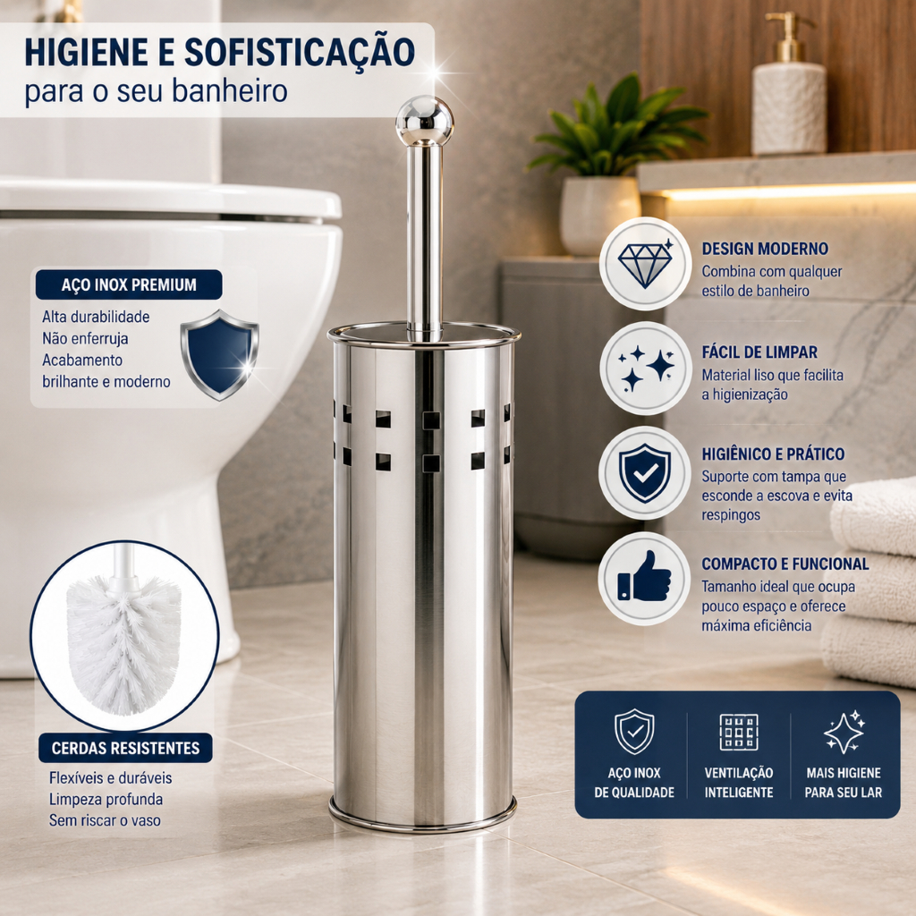 Escova Sanitária Suporte Inox Durável Resistência Banheiro Limpeza Prática