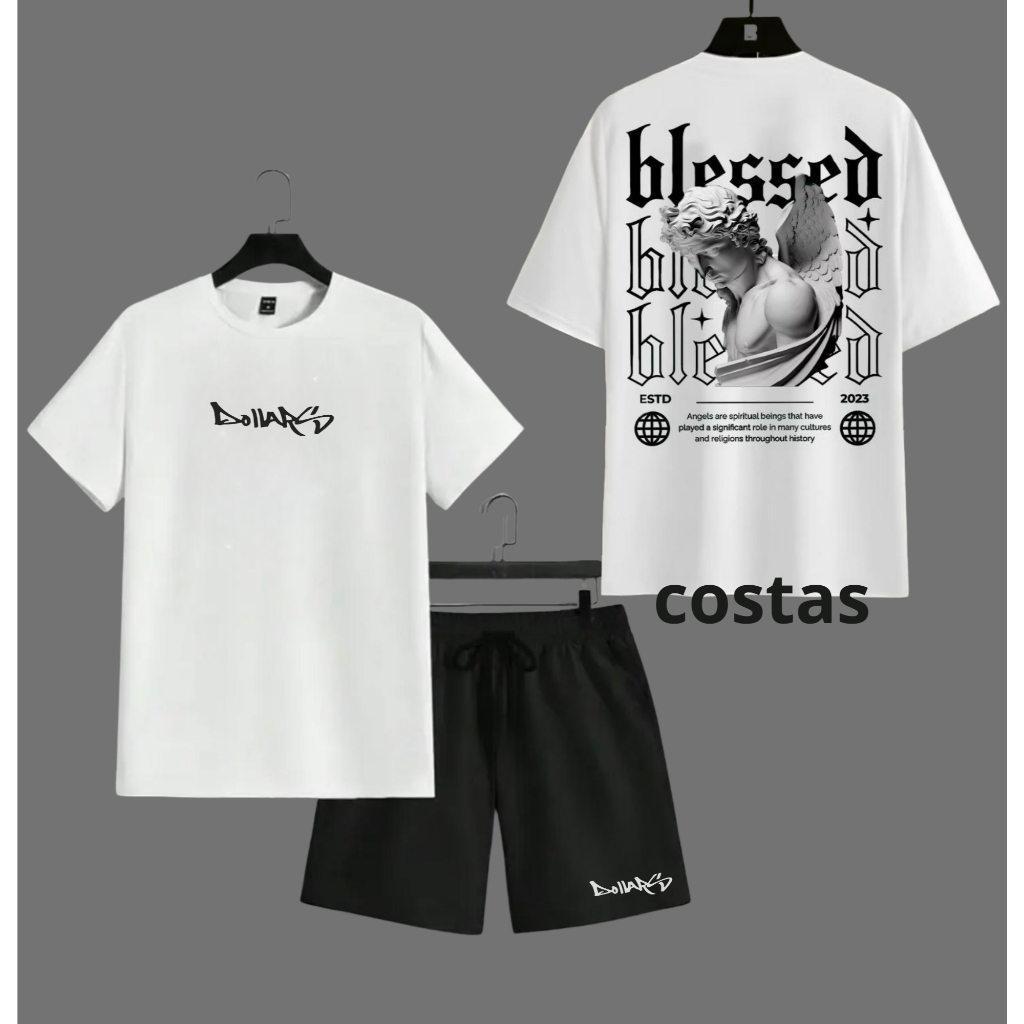KIT CAMISETA ALGODÃO SHORTS BLESSED ANJO BERMUDA TACTEL TECTEL ELASTANO VERÃO PRAIA STREET RUA MODA PROMOÇÃO