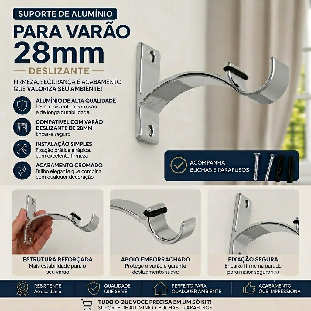 Suporte Varão Simples Alumínio Grosso 28mm