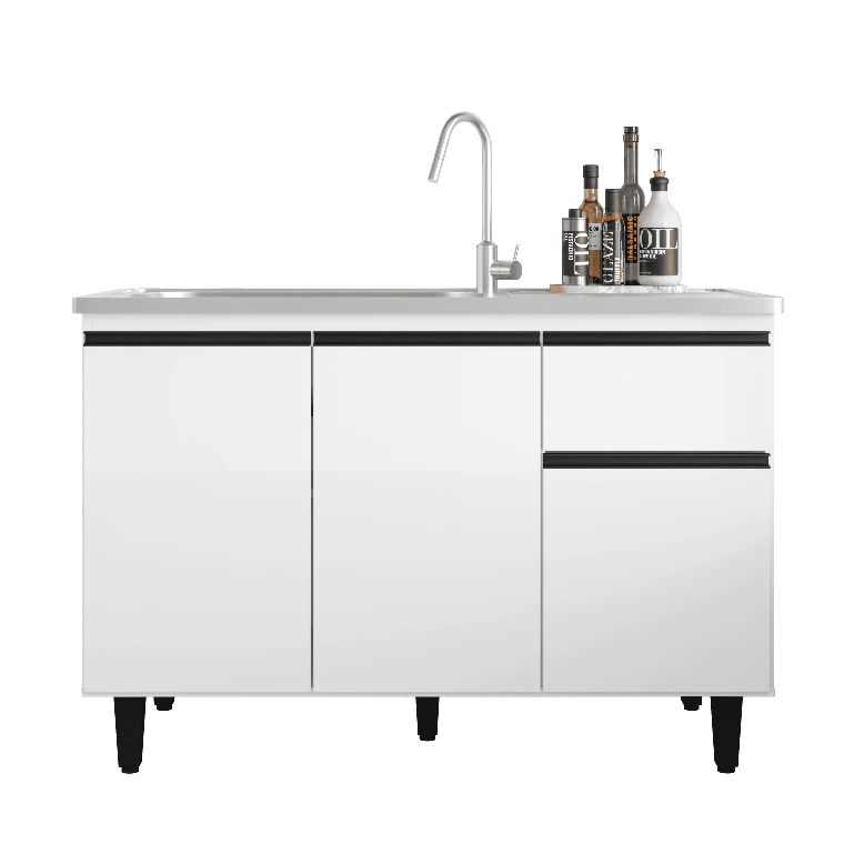 Balcão para Pia de Cozinha Branco MDP 120cm Armário de Cozinha 3 Portas 1 Gaveta Sem Tampo
