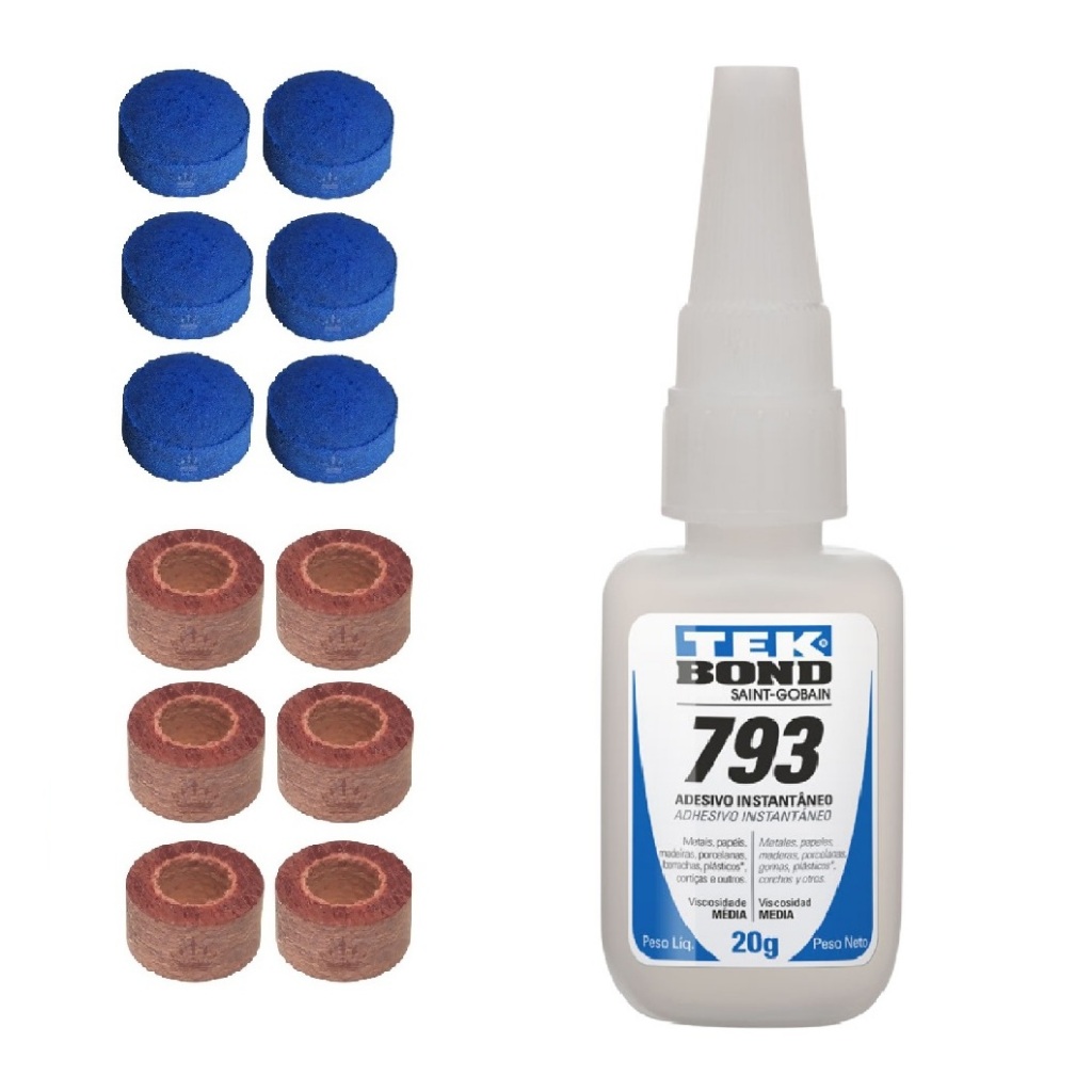 Kit Reparo Para Solas De Tacos De Bilhar Sinuca  6 Virolas Celeron + 6 Solas de couro de 11mm + Cola Tek Bond