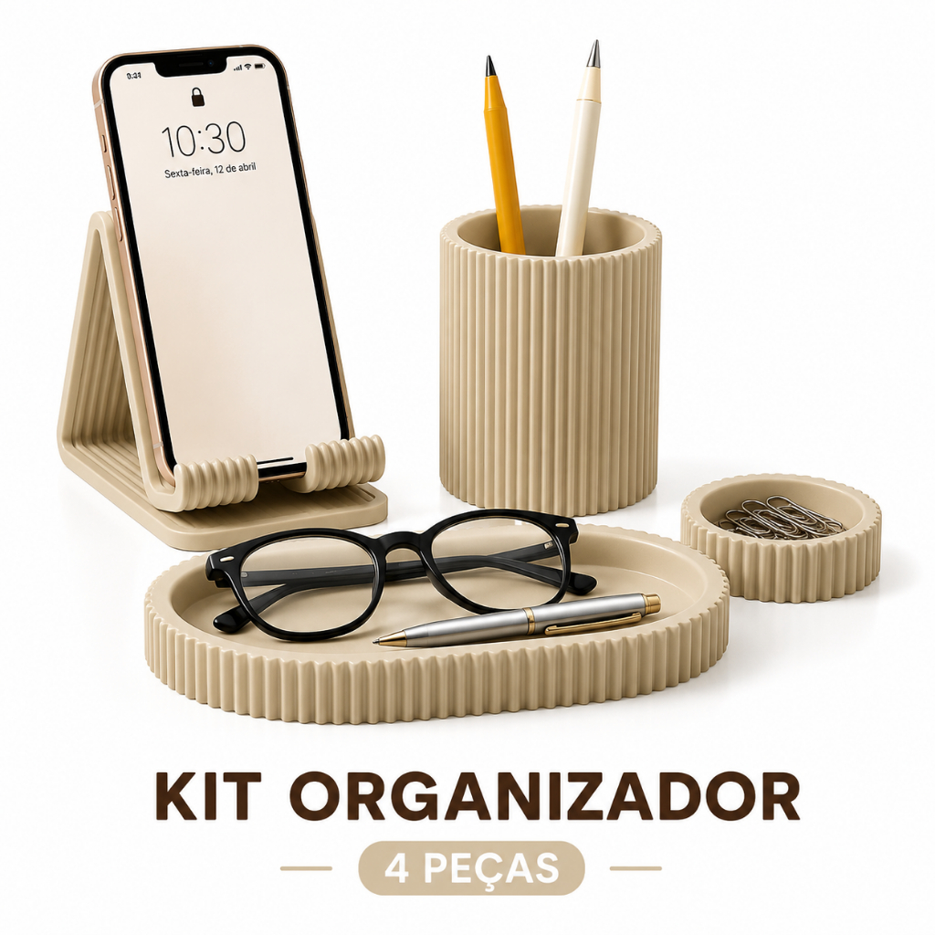 Kit Organizador de Mesa Escritório 4 Peças Porta Caneta Suporte Celular Bandeja