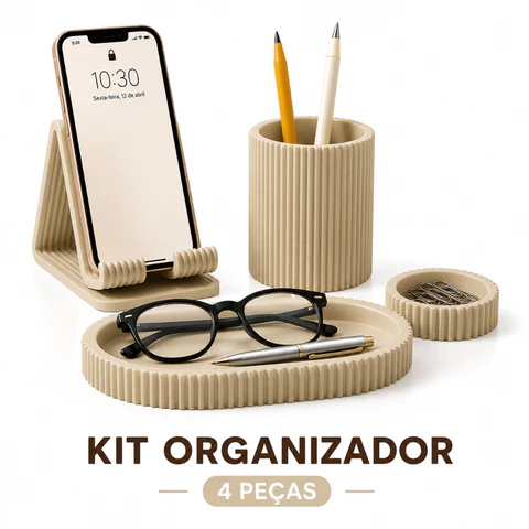 Kit Organizador de Mesa Escritório 4 Peças Porta Caneta Suporte Celular Bandeja Multiuso Porta Lápis