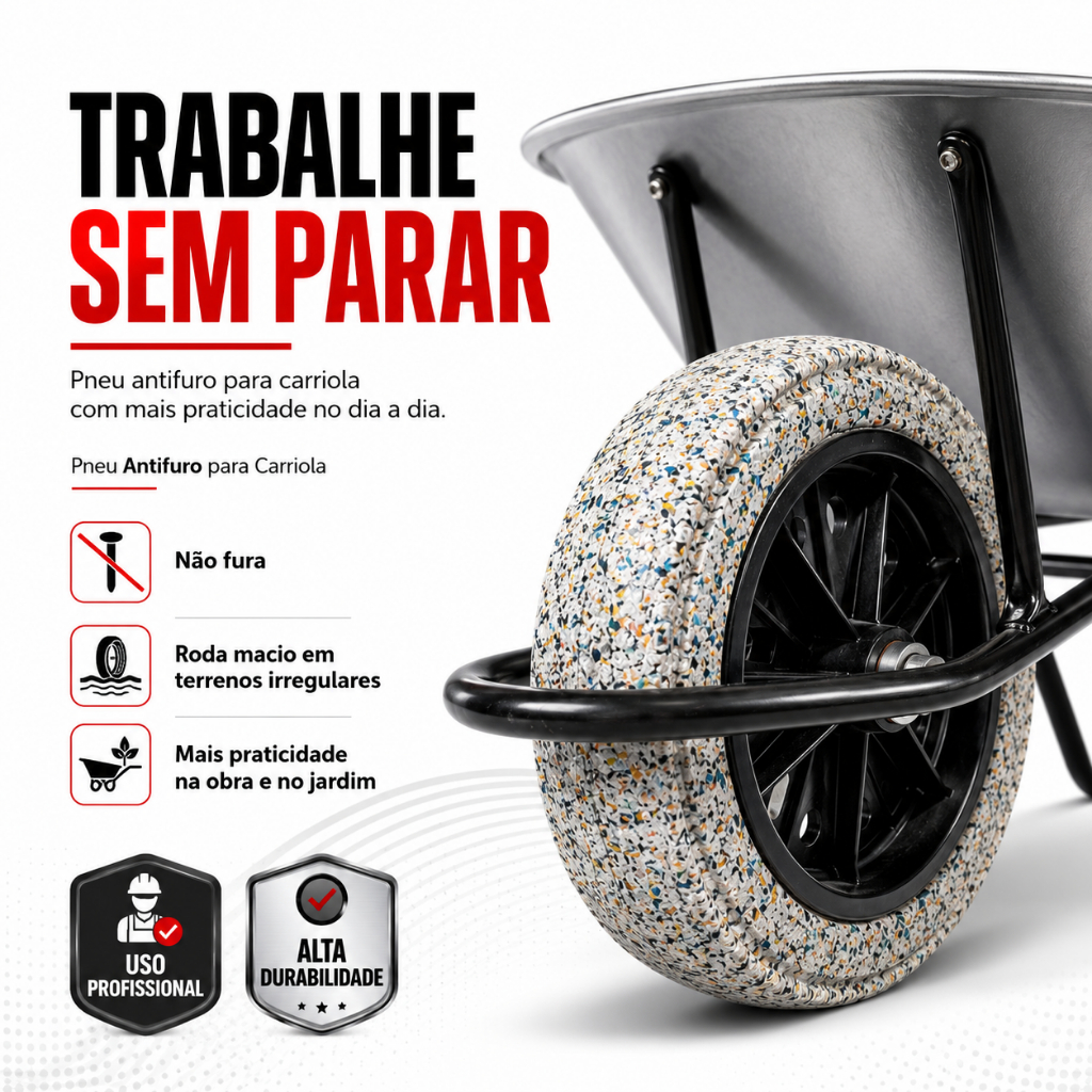 Pneu com Roda para Carrinho de Mão Carriola Aro 8 Reforçado Furo 19mm e 26mm