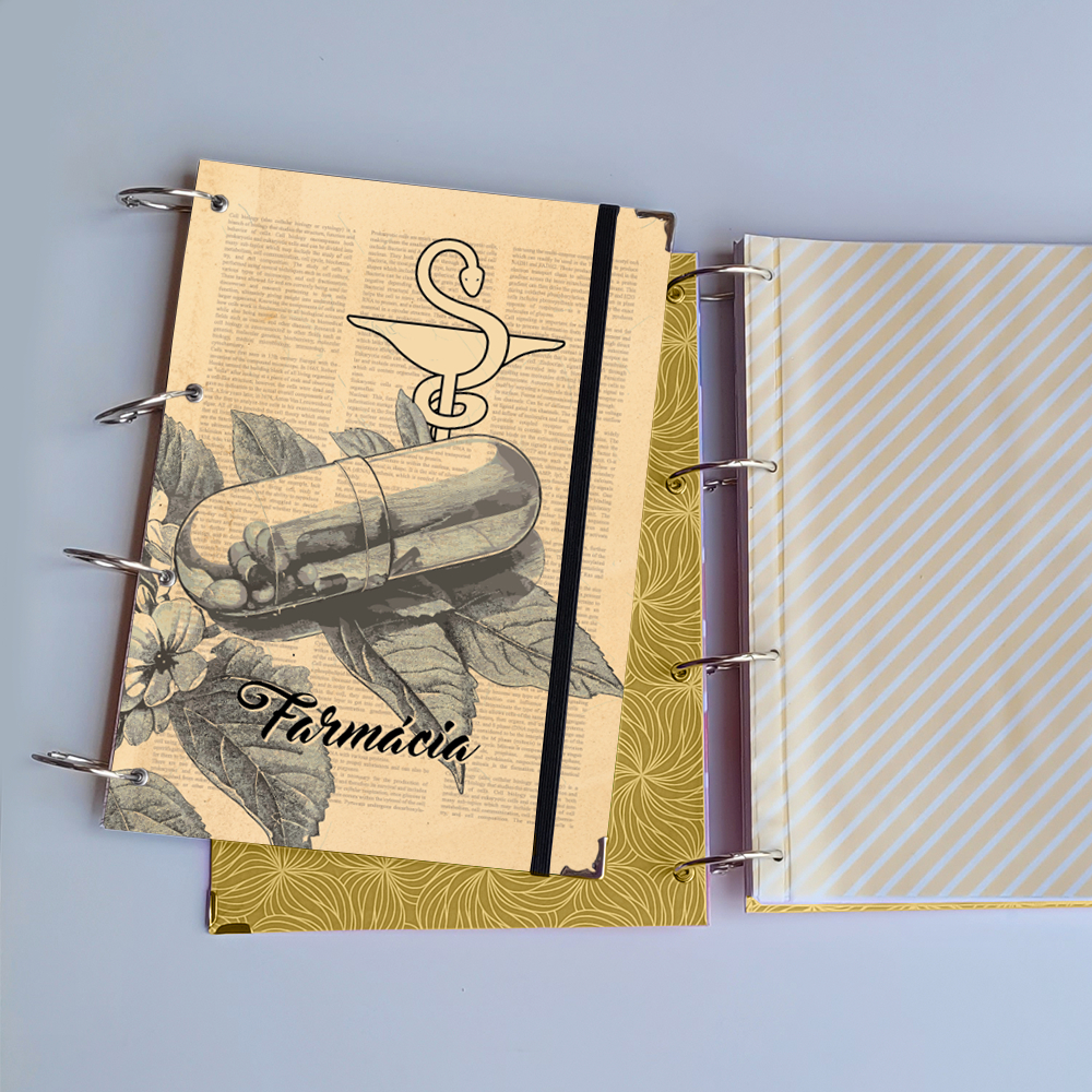Caderno Argolado Farmácia Vintage (Capa e Argolas) Universitário Colegial A5 Fichário farmacêuticas