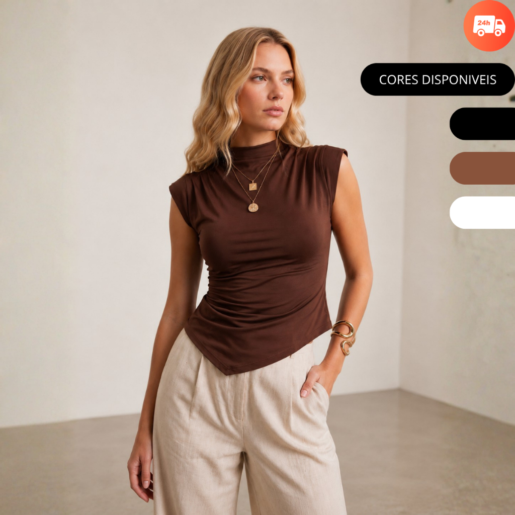 Blusa Gola Alta Básica Assimétrica Regata Manga Curta Elegante Formal Festas Dia a Dia Casual Verão