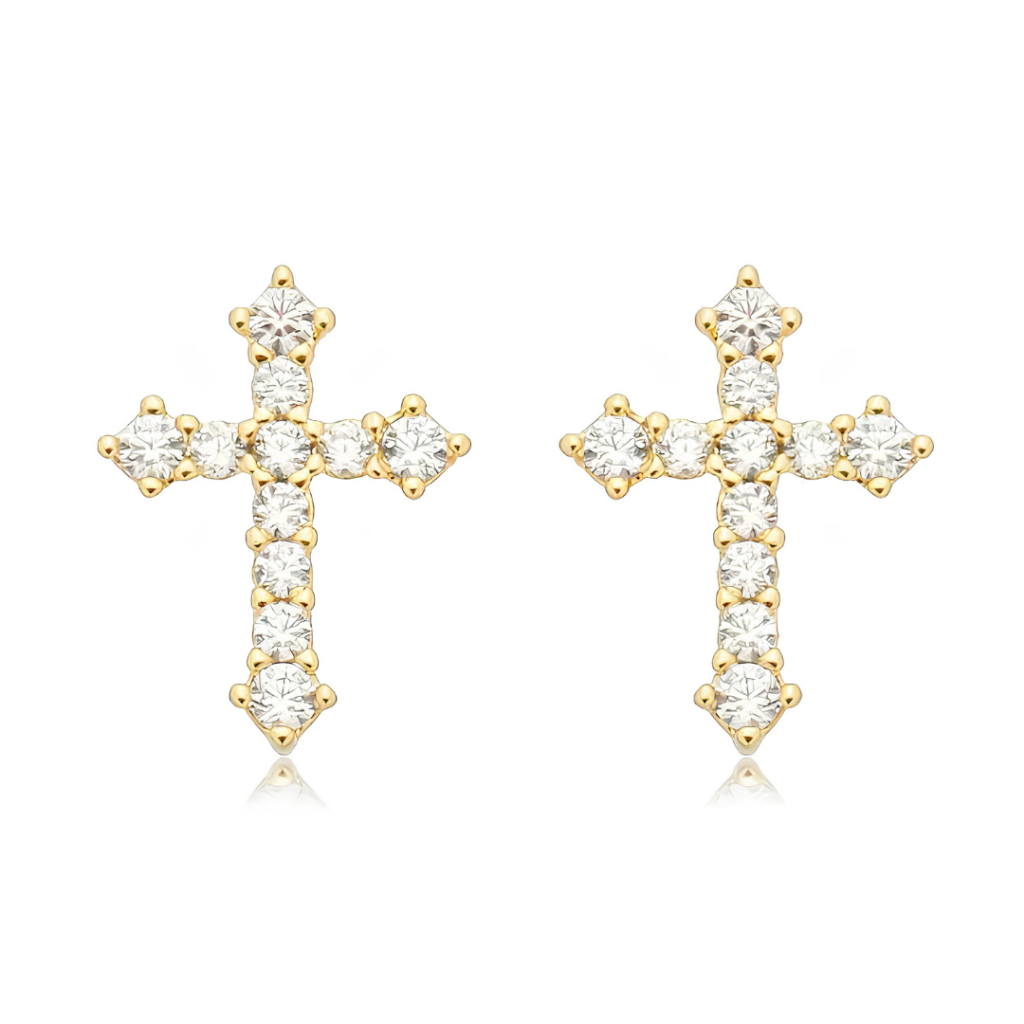 Brinco Cruz Cravejado Banhado A Ouro 18k Feminino Elegante Joia De Alta Qualidade Design Luxo