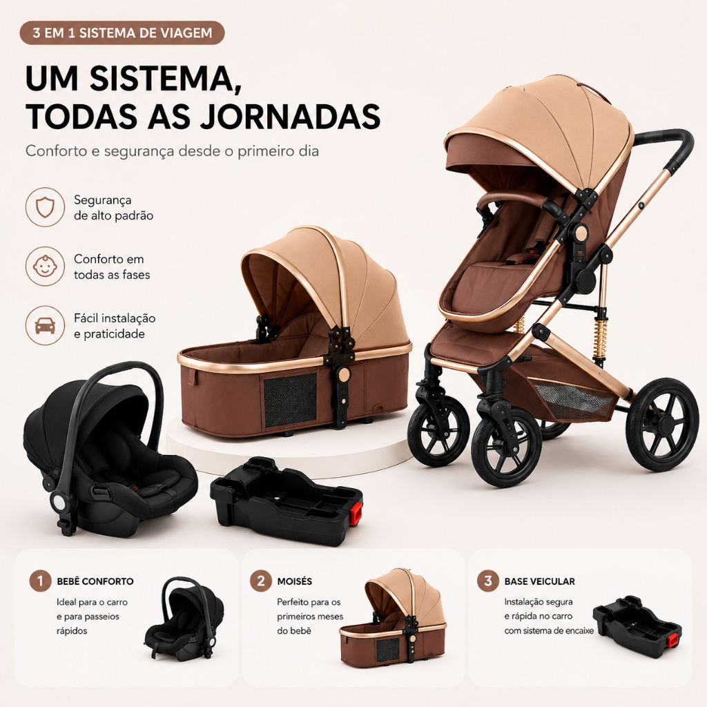 Carrinho De Bebe 3 Em 1 Bege Com Dourado Travel System