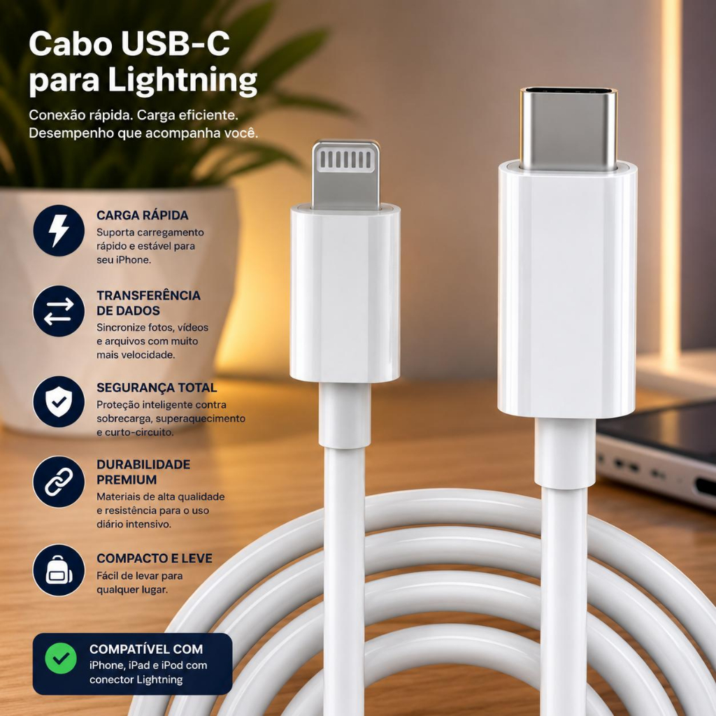 Cabo Carregador USB C Lighning Turbo 20W  Para iPhone 11 /12 / 13 / 14