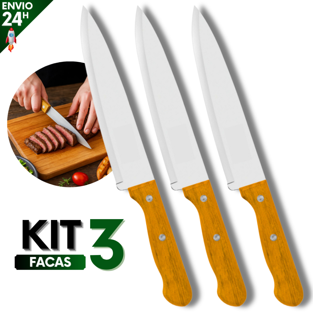 Kit 3 Faca de Cozinha Cabo de Madeira Profissional Inox 7” Polegadas 30cm Alta Durabilidade