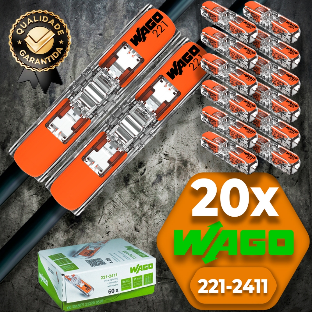Conector de Fio Elétrico Wago Conector Wago 221-2411 Emenda 4mm² conexão automática Kit 20 peças