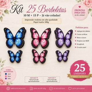 Kit 25 Borboletas Decoração-Chá de Bebê Menina-Borboleta-Jardim-Festa-Jardim Encantado-Lembrancinhas-Bolo-Caixinhas