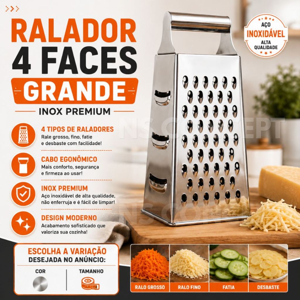 Ralador 4 Faces 18cm Aço Inox Resistente Cozinha Para Verduras Legumes Queijo Multiuso