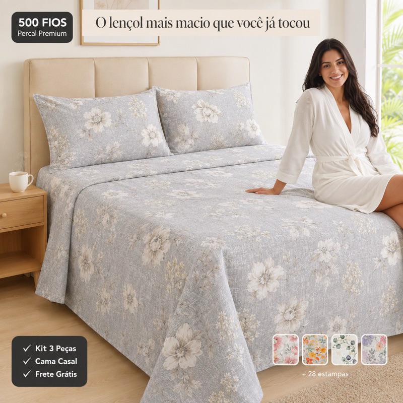 Jogo de Lençol 500 Fios Com Fronhas Casal e Queen 3 Peças Estampado Macio Antialérgico Resistente Toque Algodão