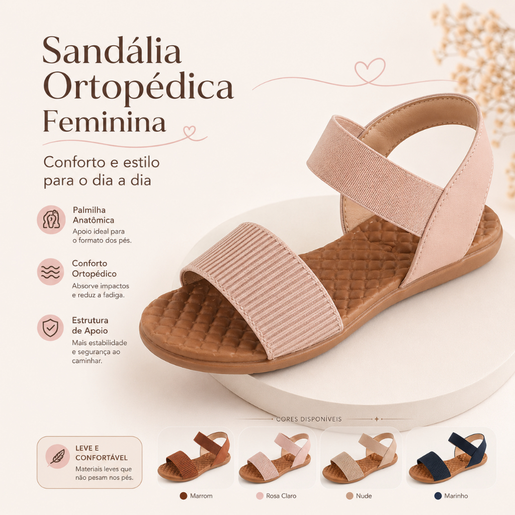 Sandália Ortopédica Feminina Confortável Elástico Palmilha Anatômica Leve