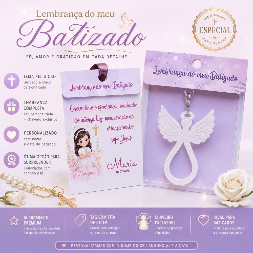 Lembrancinha Batizado Chaveiro Anjo +Card personalizado-10unid