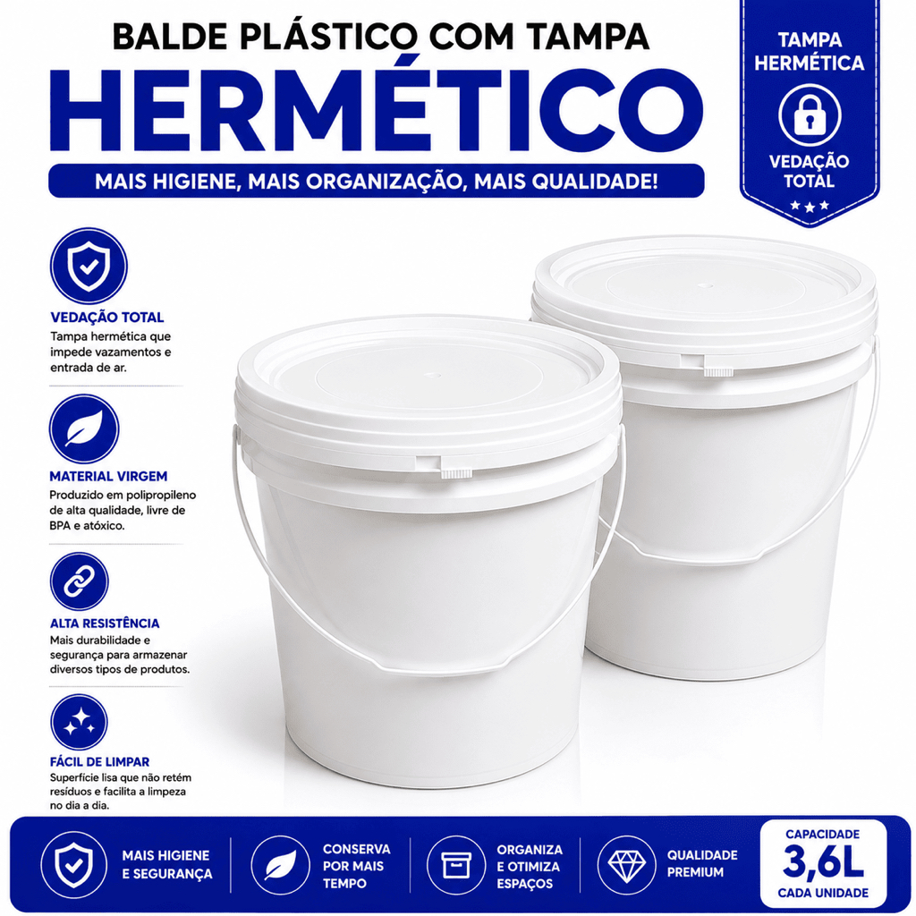Kit 2 Balde Plástico Atóxico Alimentício 3,6L Tampa Hermética ultra pratico tinta graos azeitonas
