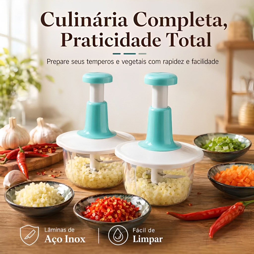 Processador Manual de Alimentos com Pressão Lâminas Aço Inox Picador de Alho Cebola Legumes Papinha Bebê