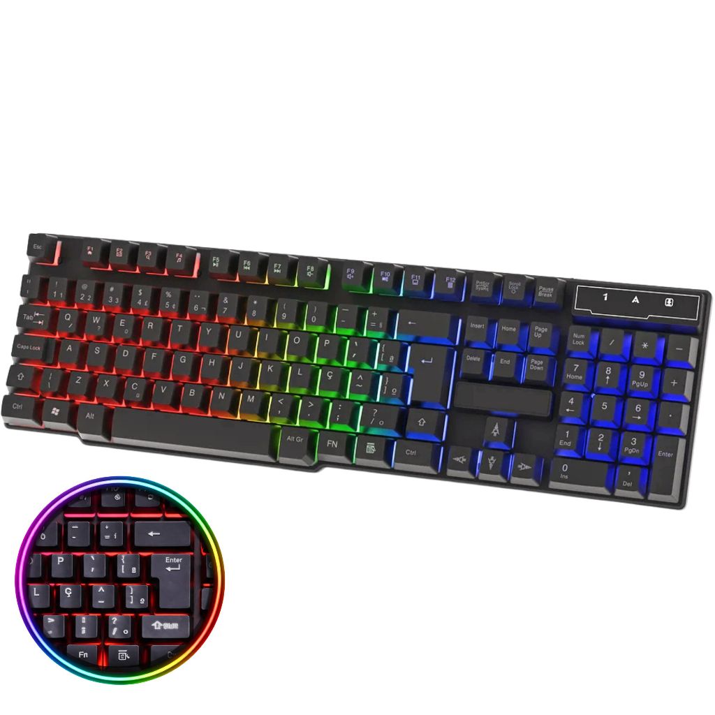 Teclado Gamer Semi-Mecânico USB Iluminação LED RGB Rainbow Anti-Ghosting Resiste