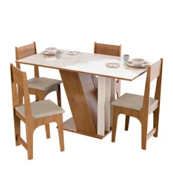 Conjunto Sala De Jantar Grande 4 Lugares Com Cadeiras Estofadas Reforçadas Mesa Completa Tampo Semelhante Vidro Emilly