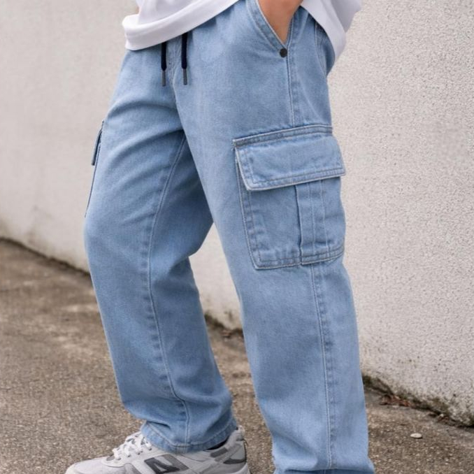 Calça Cargo jeans Infantil Juvenil Skatista Jeans Claro Unissex Menino menina do 4 ao 16