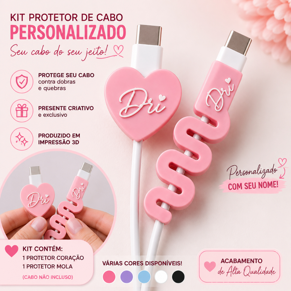 Kit Protetor de Cabo Personalizado com Nome | Impressão 3D | Protetor Coração + Mola Anti Quebra