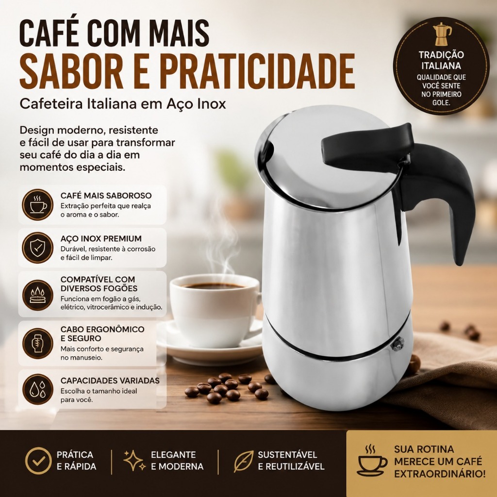 Cafeteira Italiana Premium Inox Clássica Cafés Expressos 6 Xícaras Resistência Durabilidade