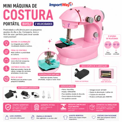 Mini Máquina Costura Portátil Rosa Bivolt Importway 2 Velocidades Pedal Luz Ajustes Dia a Dia