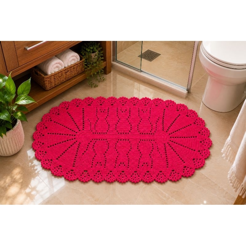 Tapete de Crochê Oval mosaico de gatos Rosa | Feito à Mão em Barbante 85% Algodão
