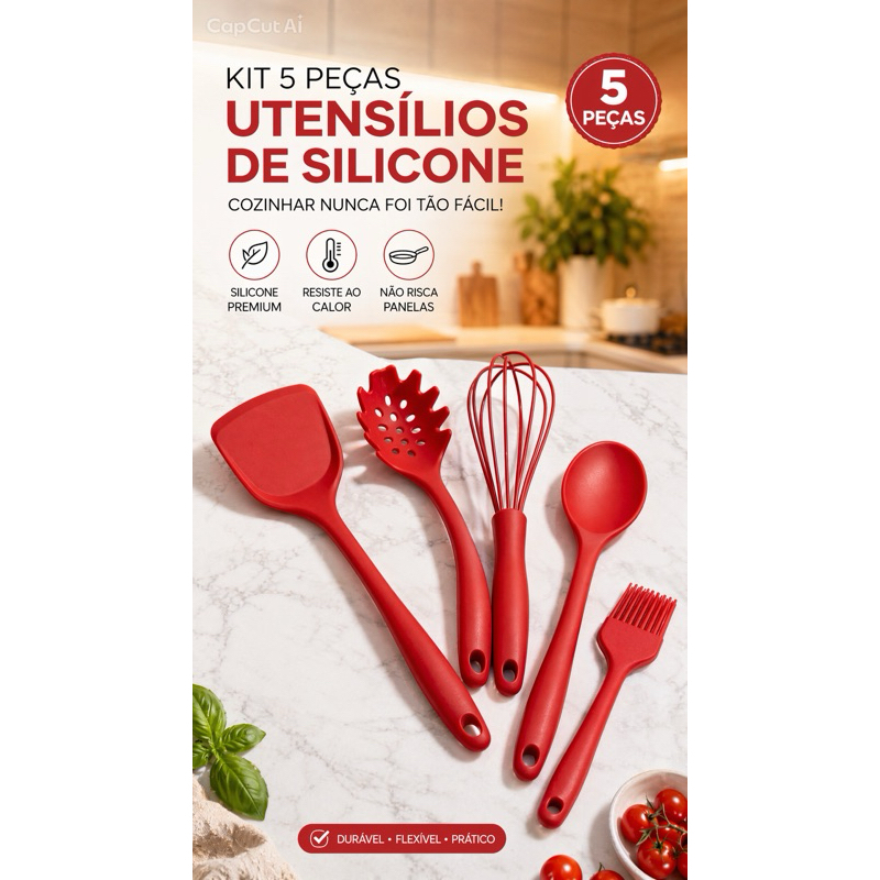 🍳 Kit Utensílios Silicone 5 Peças Cozinha Antiaderente Resistente ao Calor Não Risca Panelas Fácil Limpeza