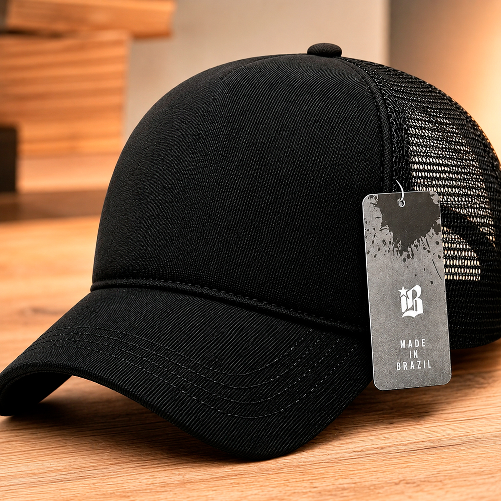 Boné Trucker Preto Liso Tela Ajustável Unissex Casual Personalizável