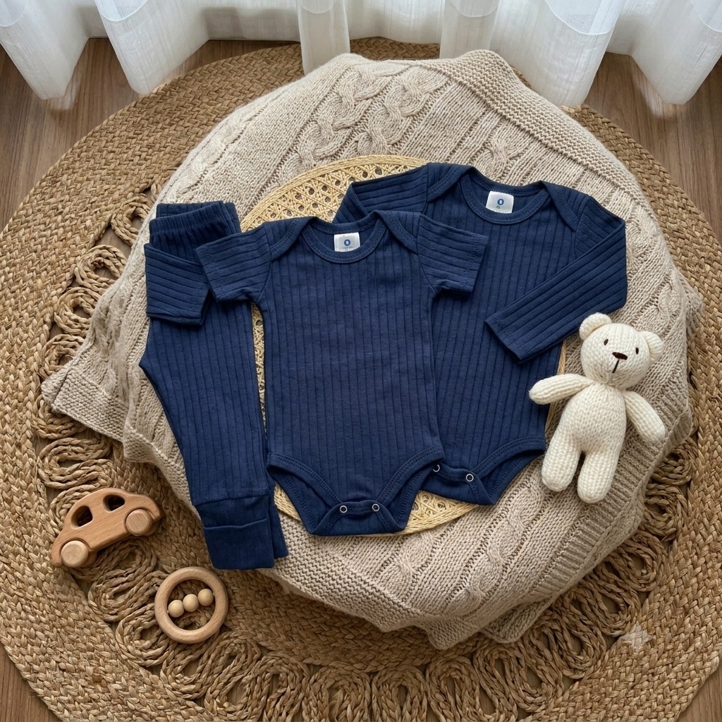 Body e Mijão de Bebê Suedine Canelado Premium 2 Bodies (Manga Curta e Longa) + Calça Luxo Vira-Pé