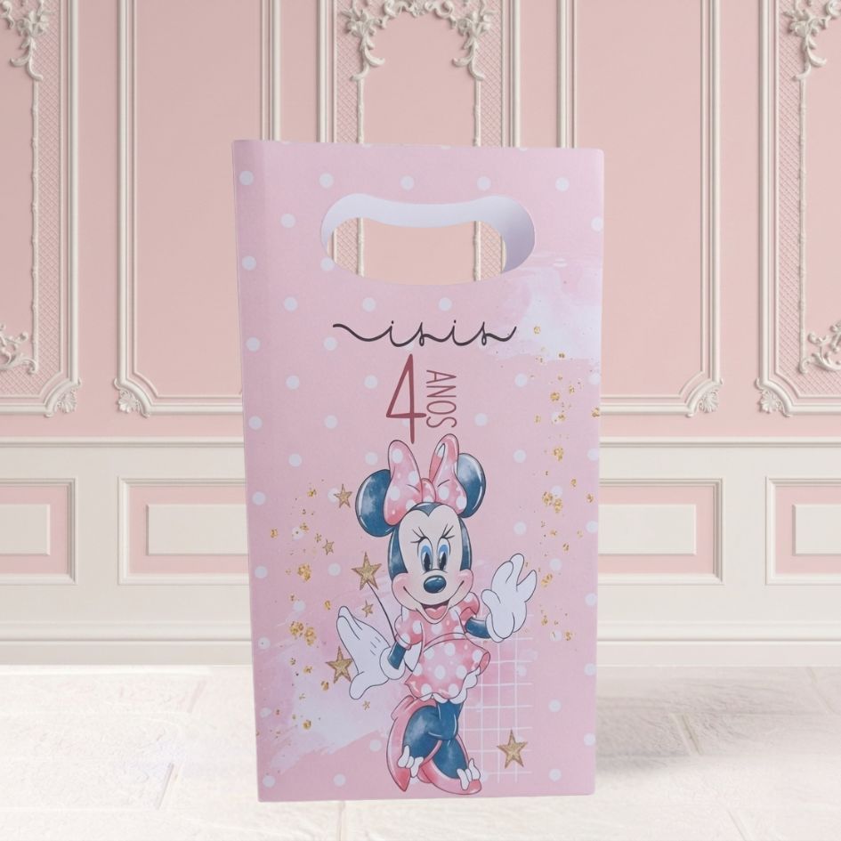 Sacola Personalizada Boca de Palhaço M MINNIE ROSA AQUARELA Lembrancinha para festa Infantil DESMONTADA