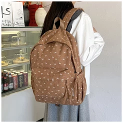Mochila Feminina Escolar Cotelê Laço Grande Capacidade Bolsa Casual Faculdade Viagem