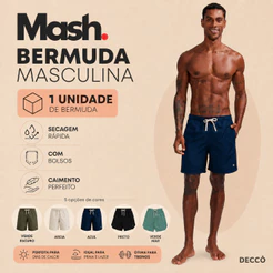 Short Masculino Casual Liso Secagem Rapida Com Bolsos E Corda Na Cintura