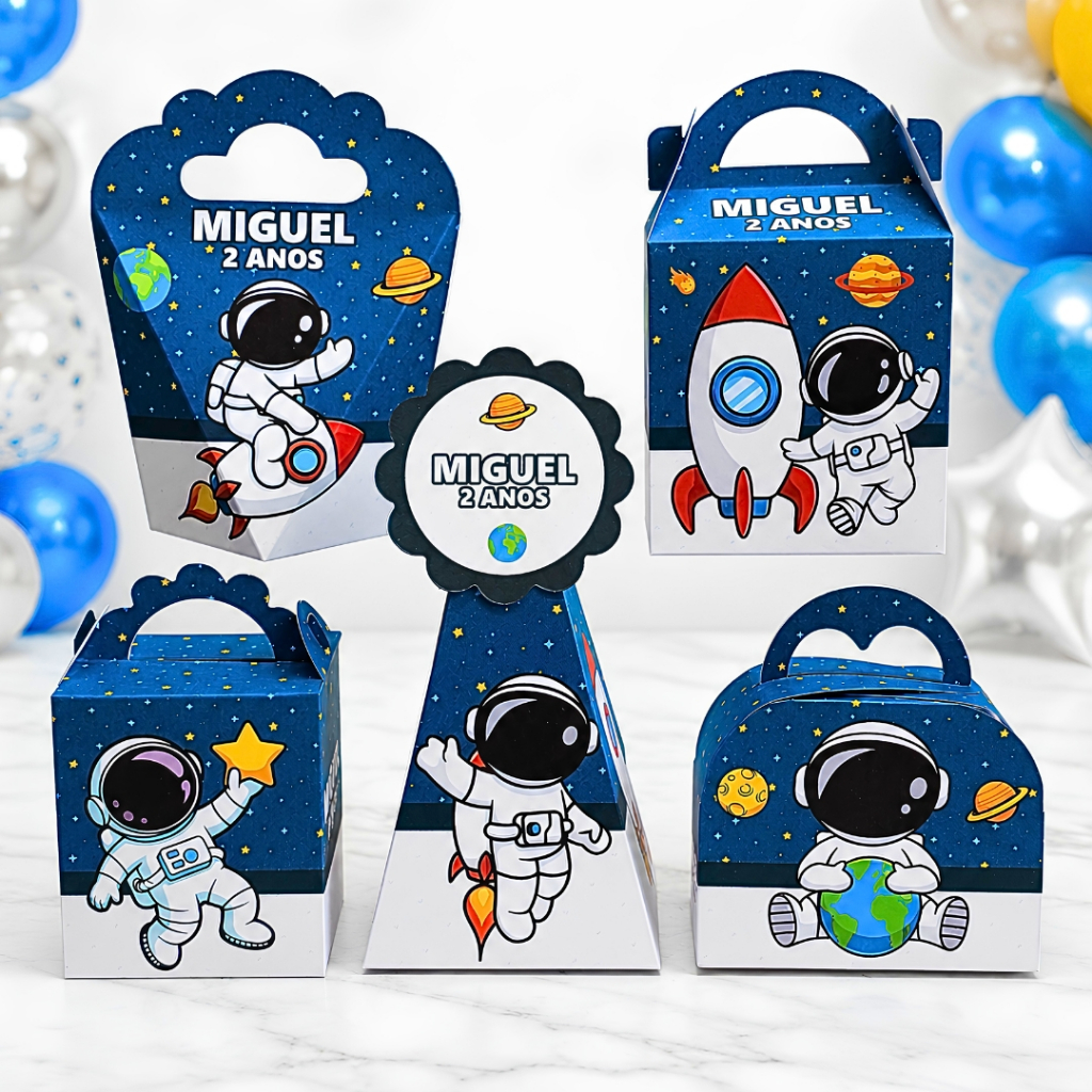 Kit festa caixas Personalizadas Astronauta/espaço - Lembrancinhas de aniversário - PEGUE E MONTE