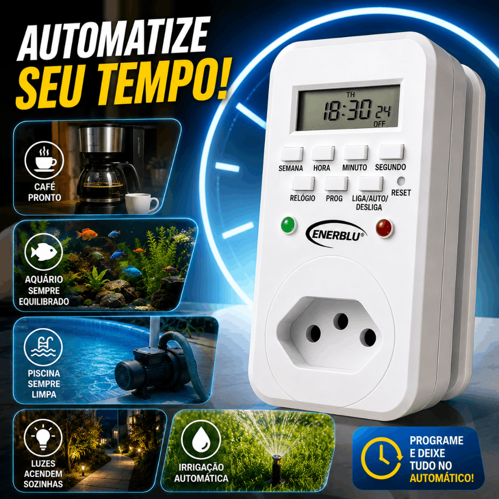 Timer Digital Enerblu Bivolt Programável Tomada Liga Desliga Automático 10A Semanal Piscina