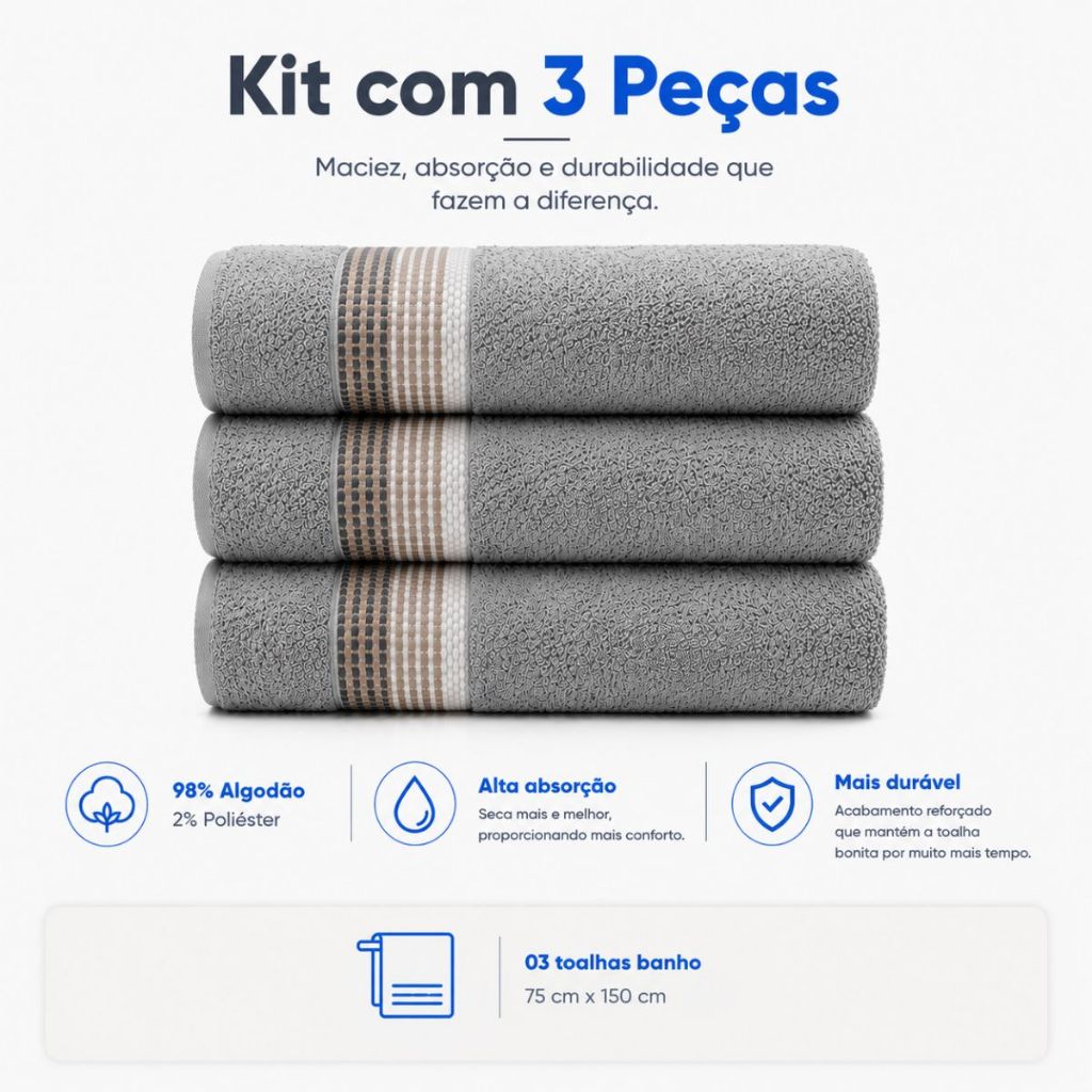Kit 3 Toalhas de Banho 62x130cm Vênus 340g/m² Macia Alta Absorção Confortável Secagem Rápida Camesa