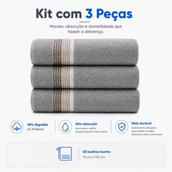 Kit 3 Toalhas de Banho 62x130cm Vênus 340g/m² Macia Alta Absorção Confortável Secagem Rápida Camesa